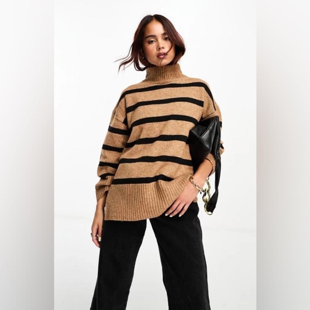 Modesens Asos Design Longline Sweater With High Neck In Stripe